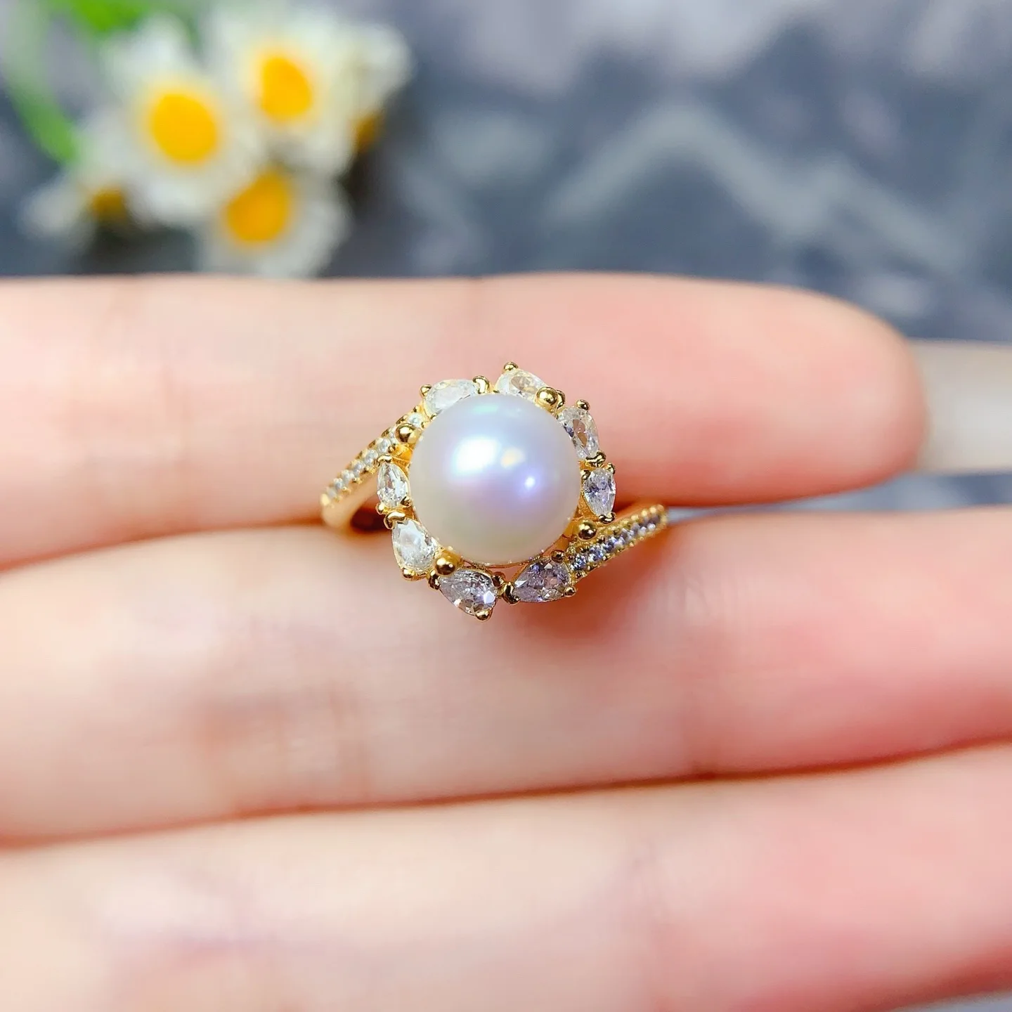 

KJJEAXCMY Boutique Jewelry Girls' Natural Pearl Ring 925 Pure Silver Plated Gold Christmas Gift for Girlfriend Wedding Birthday