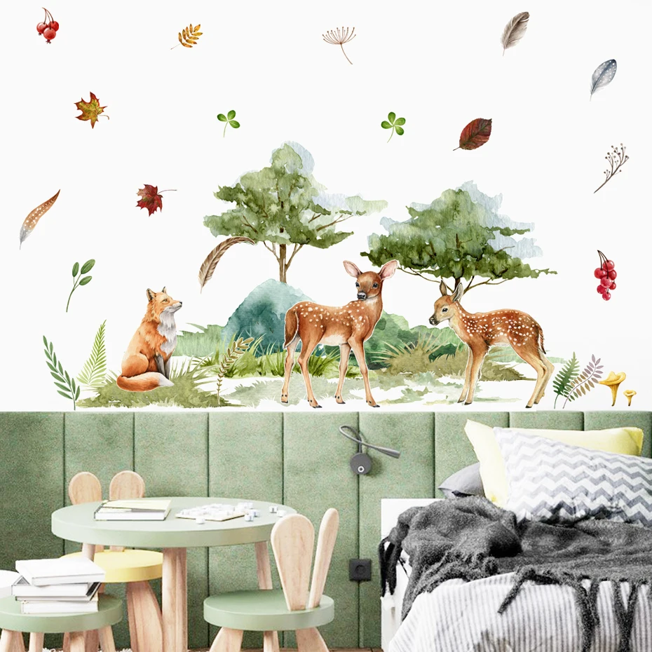 Cartoon Sika Deer Animal Green Leaves Wall Stickers Children Nursery Vinyl Wall Decal Mural Kids Baby Room Interior Home Decor