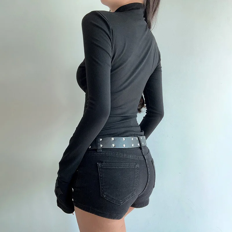 Camisetas góticas de cuello alto con Cruz oscura para mujer, jerséis ajustados informales negros de manga larga, Tops transparentes Harajuku Y2K