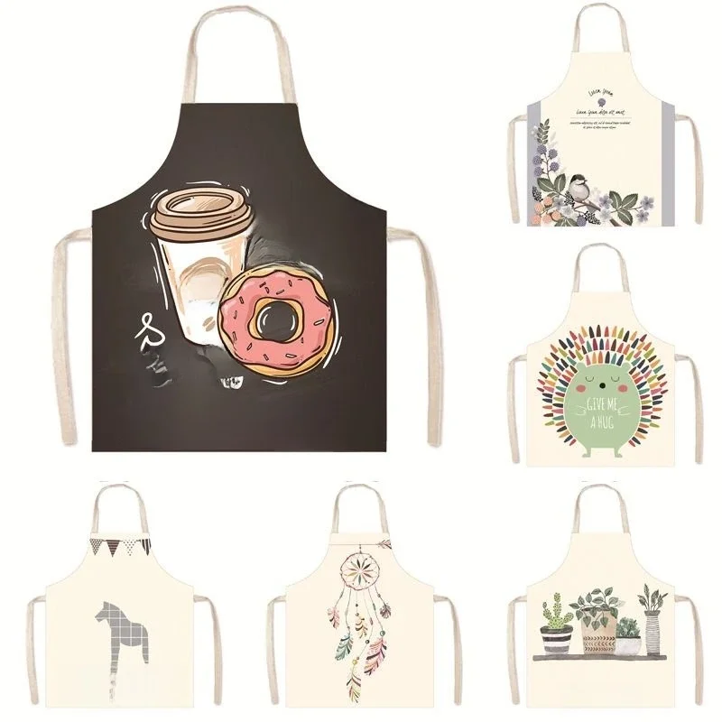 Tablier en coton et lin pour enfants, plante verte de dessin animé, Animal, cuisine à domicile, bavoir de taille, sans manches, cintre au cou