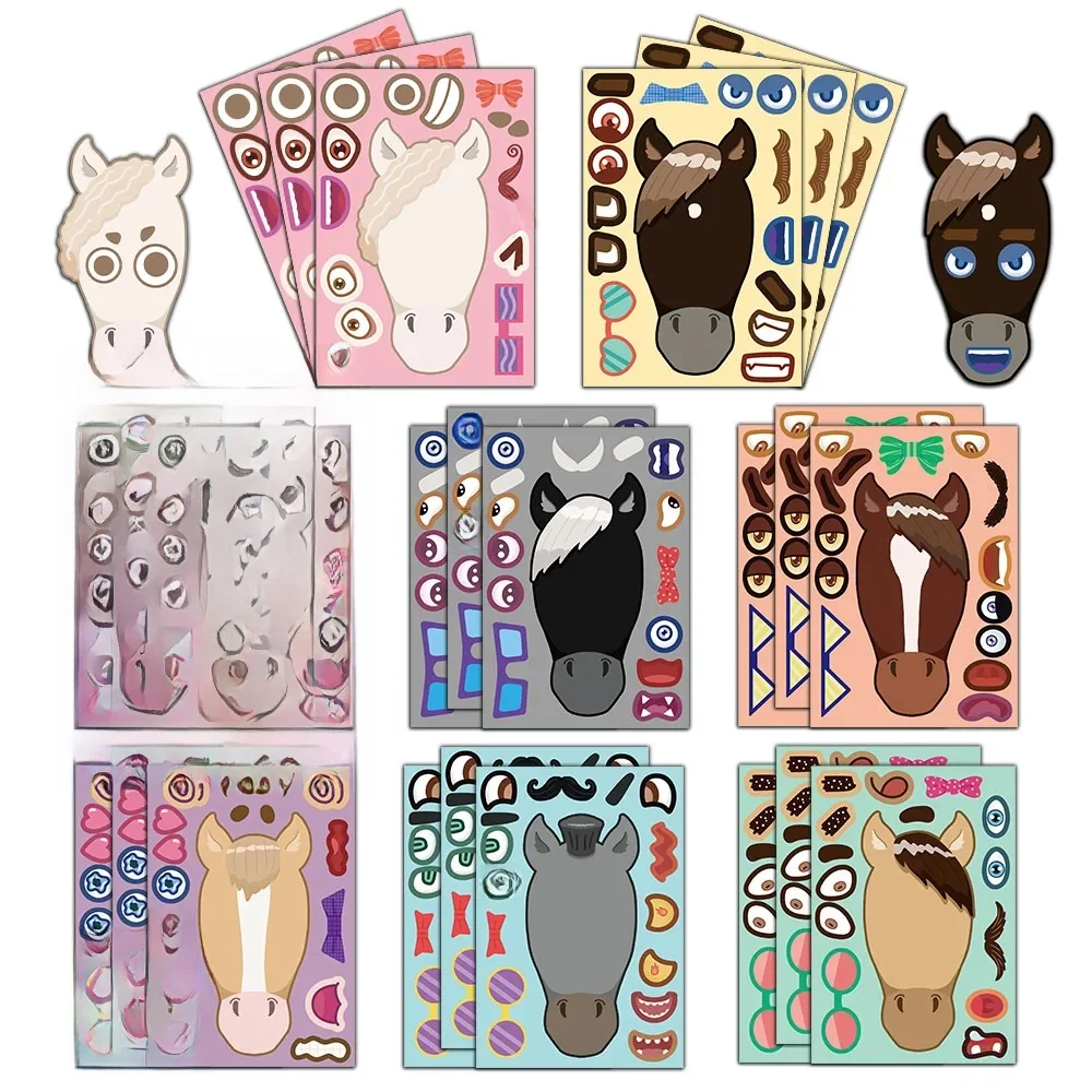 8 pièces Animal cheval café cheval marron cheval Puzzle autocollants dessin animé visage autocollants bricolage créatif Table décoration autocollants