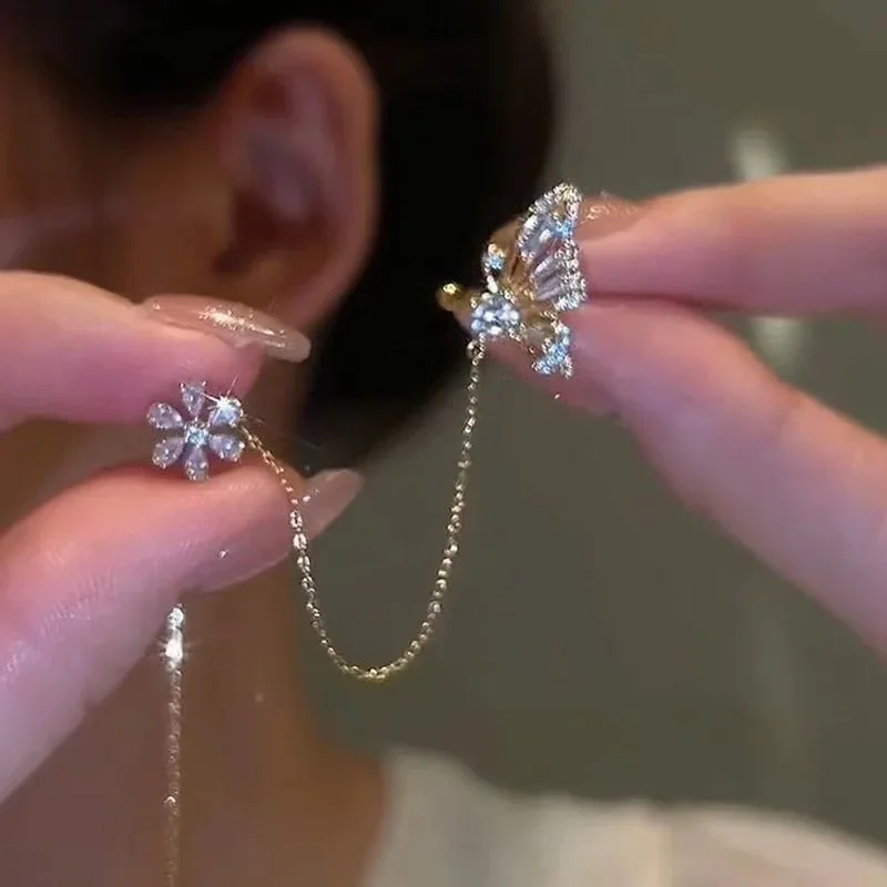 Neue Ankunft Glänzende Kristall Schmetterling Ohr Manschette Clip Ohrringe Für Frauen Mode Quaste Kette Blume Stud Ohrringe Hochzeit Schmuck