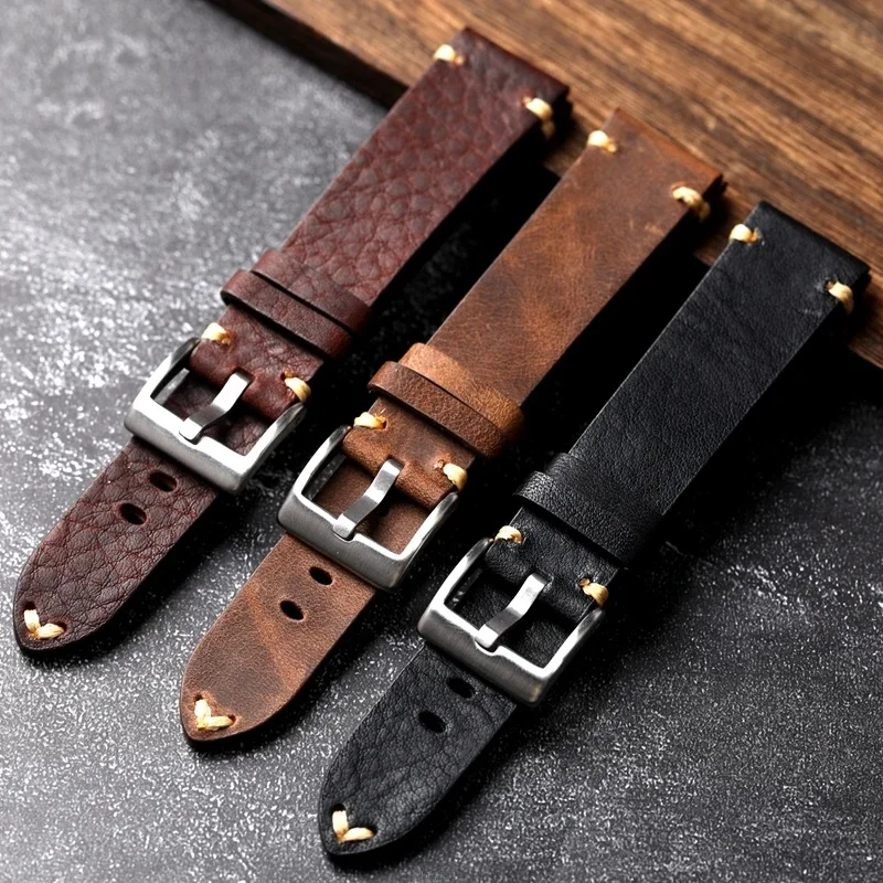 Ręcznie robiony pasek do zegarka z prawdziwej skóry stary brązowy czarny 18 20 22MM miękka męska bransoletka w stylu vintage, pierwsza warstwa bransoletki ze skóry bydlęcej — zdjęcie 2