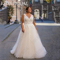 EVON BRIDAL Backless Wedding Dress Plus Size Woman Applique Sleeveless Lace Bride Gowns A-Line V-Neck Sweep Train robe de mariée