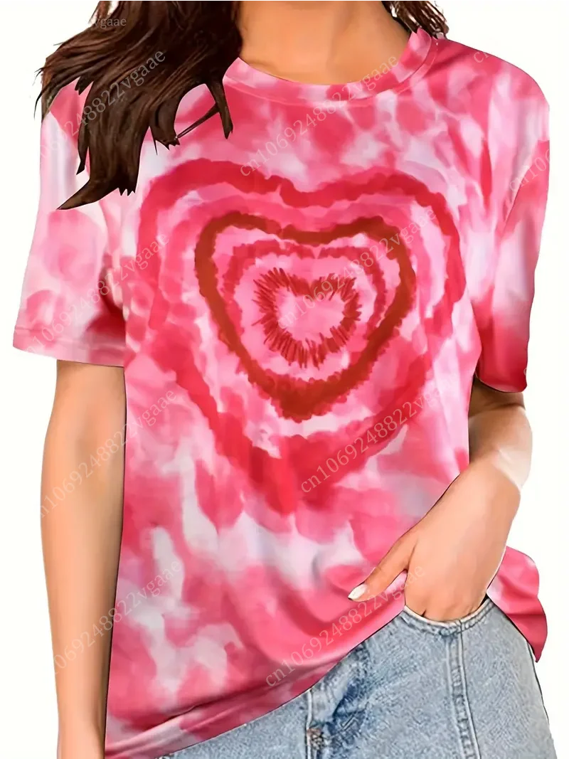 2024 Summer Colorful Rainbow T Shirt Women Fashion Tie Dye 3D Print Short Sleeve Tee Tops Oversized Clothes Couple Lover Herat