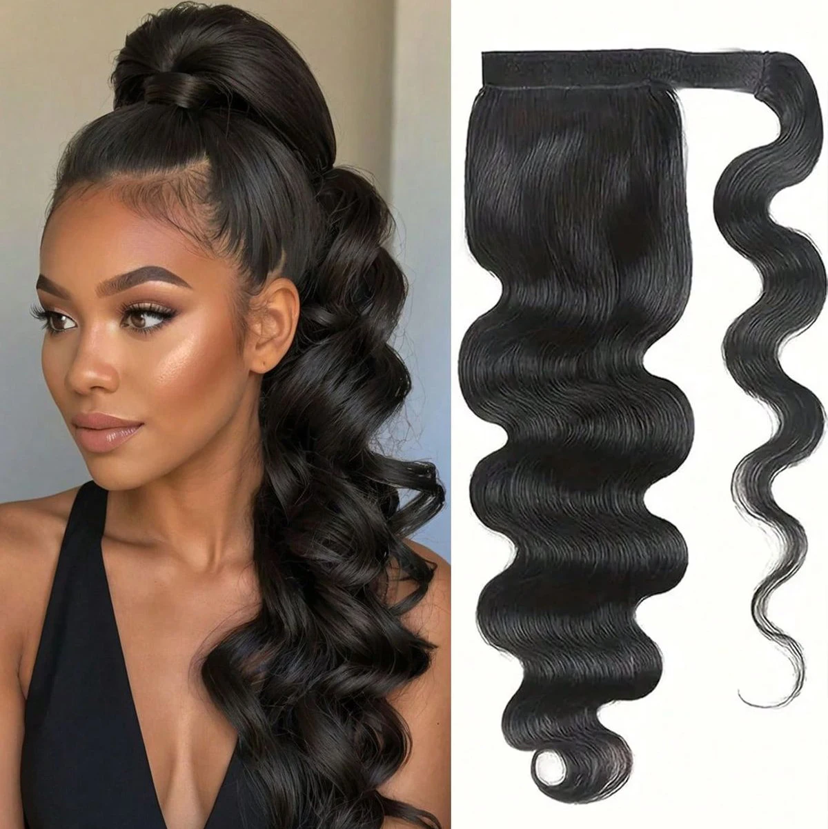 

Body Wave Human Hair Ponytail 18 Inch Wrap Around Magic Paste 100% Brazilian Virgin Hair Ponytail for Black Women Natural Color