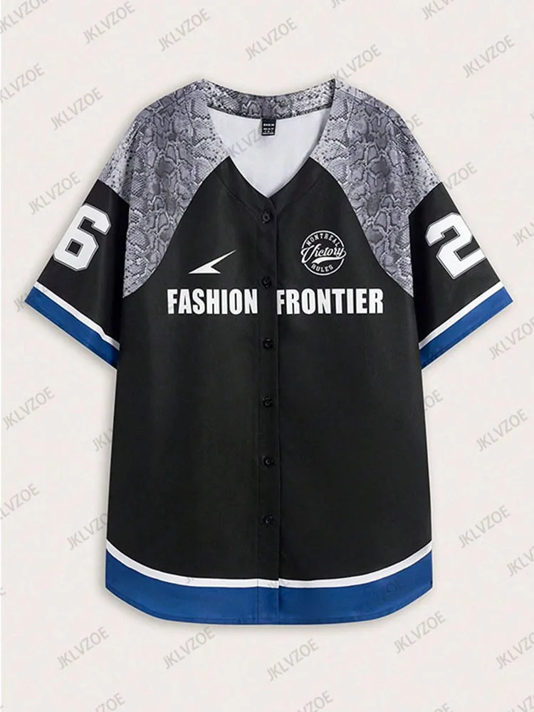 2024 Summer Oversize Blouse Women Streetwear Baseball Shirt Cool Hippe Vintage Printed Hip Hop Korean Half Sleeve Button Up Tops