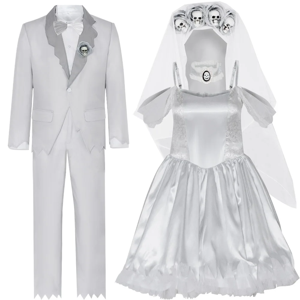 Disfraz de La Novia Cadáver Emily Vestido Traje de Víctor Adulto Conjunto de Pareja de Halloween Traje de Novio Fantasma
