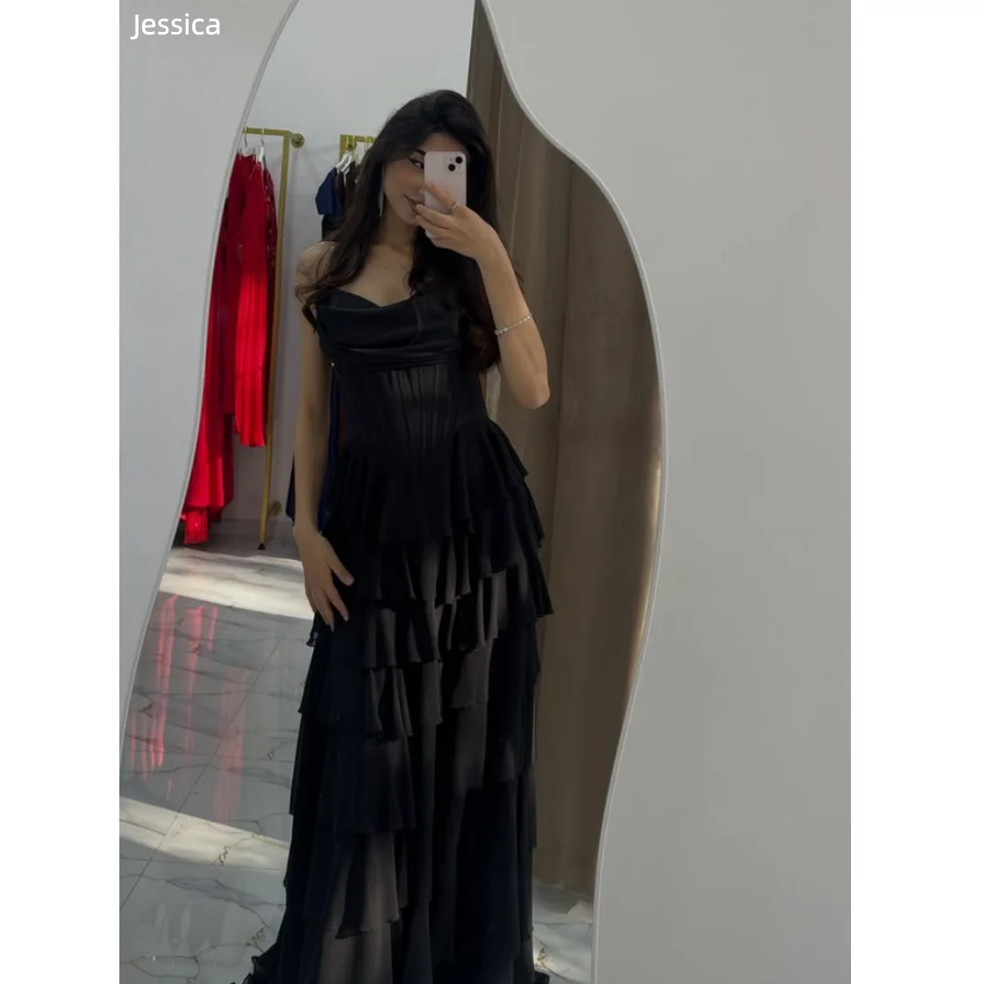 

Jessica Black Evening Dresses Layered Shimmering Chiffon Prom Dresses A-line Elegant Lady FormalOccasions Party Dresses