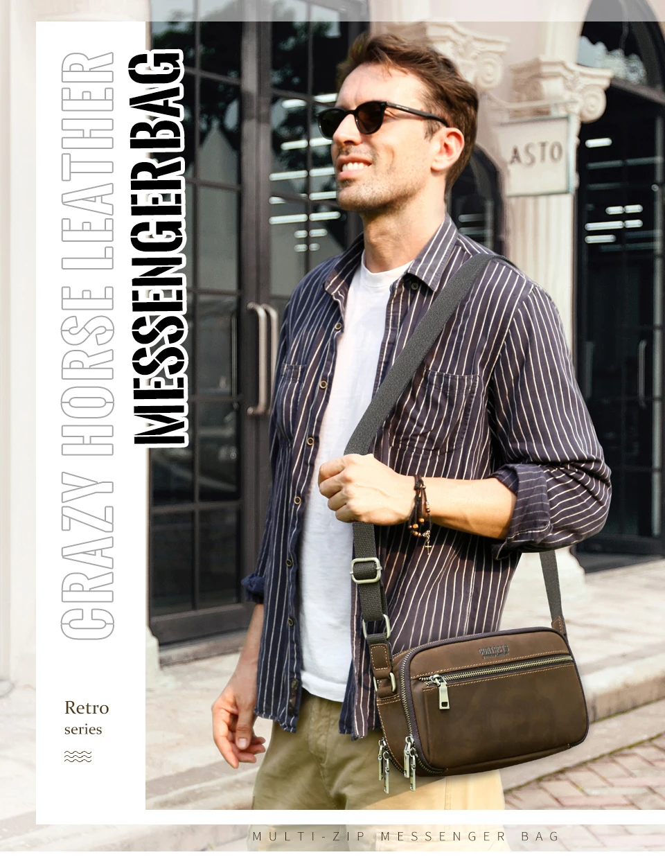 CONTACT'S Echtleder Kleine Umhängetasche für Herren, Vintage Crossbody-Schultertasche, Reisehandtasche mit Luxus-Ausführung für Männer – Detail 1