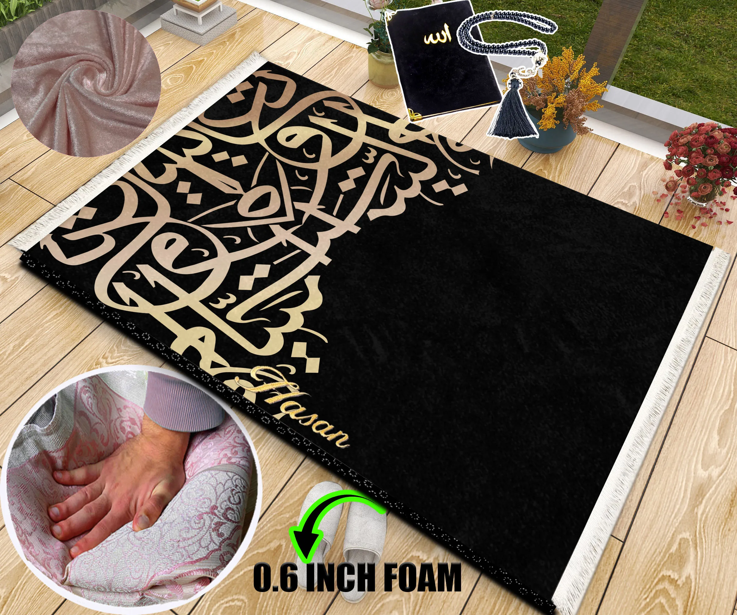 

Extra Thick Foam Padded Turkish Black Gold Prayer Rug With Luxury Yaseen, Soft Praying Mat Carpet & Pearl Tasbeeh, İslamic