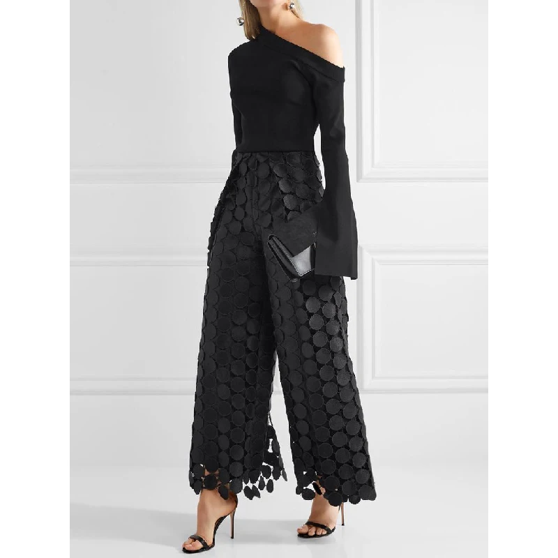 Krisnanas Traf High Waisted Wide Leg Hollow Polka Dot Solid Color Pants Trousers for Stylish Selection Leisure Fashion