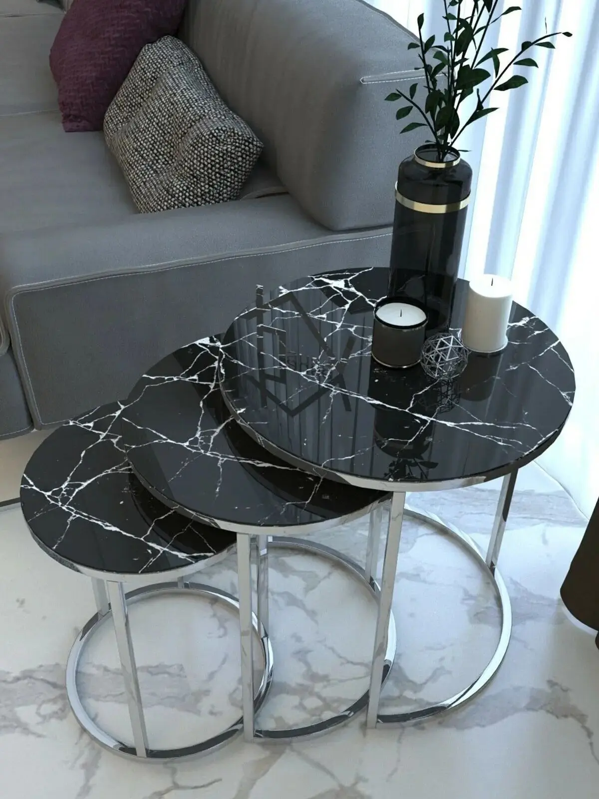 Decorative Gold Nesting Table Set of 3 Unbreakable Tempered Glass Luxury Marble Design 3Pcs Coffee Table for Living Room 3Pcs