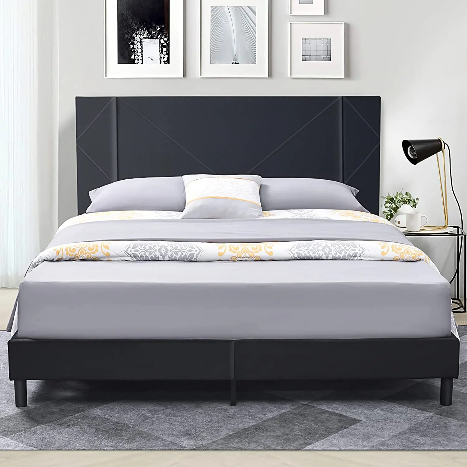 Queen/Full/Twin Bed Frame Velvet Upholstered Platform Bed with Headboard Mattress Foundation Strong Wood Slat Support[US-Stock]