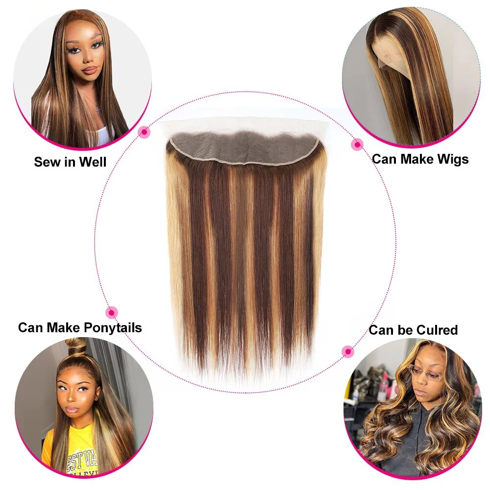 P​4/27 Highlight Human Hair Bundles With Frontal Straight Brazilian Virgin Hair 3 Bundles With 13x4 Frontal Closure Honey Blonde