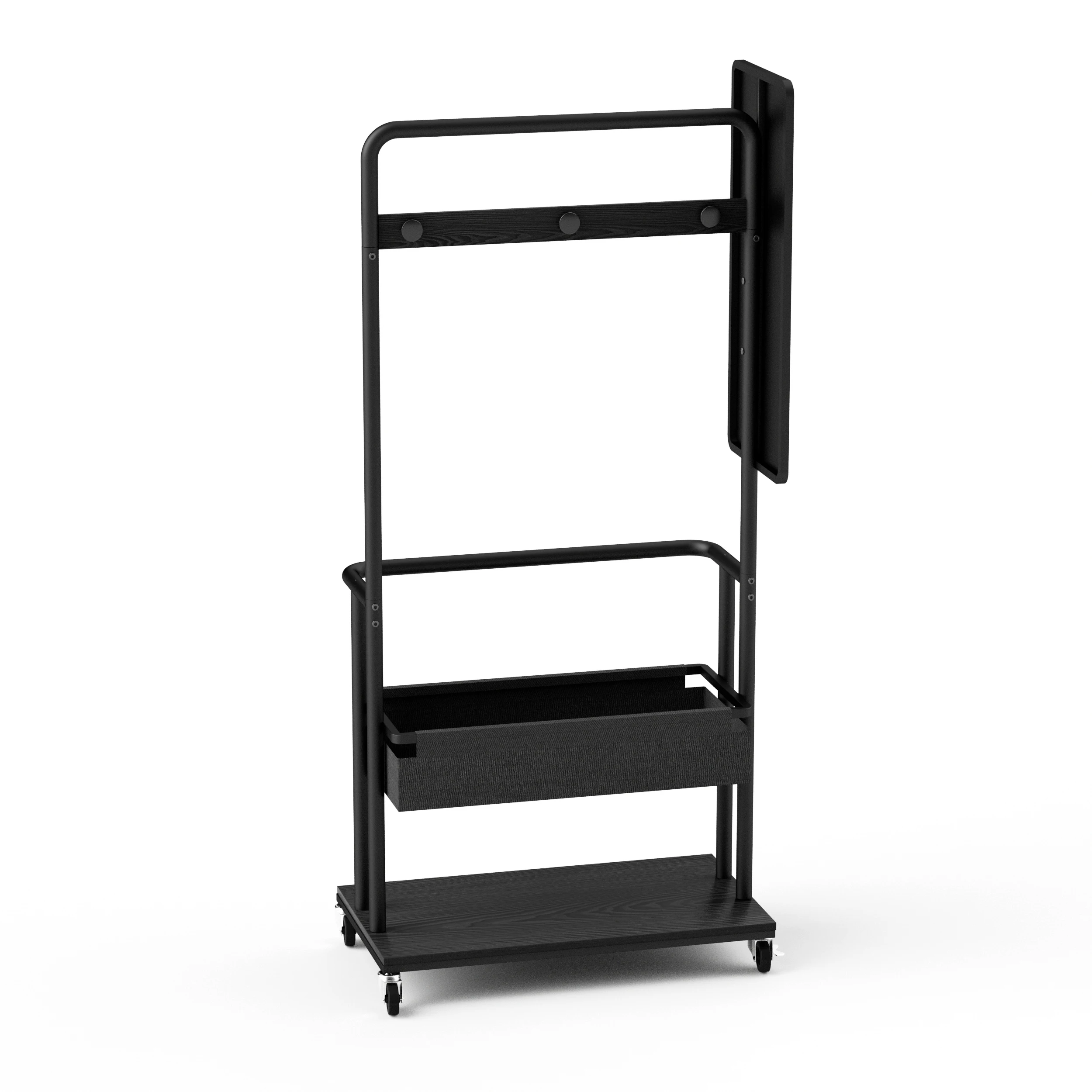 Robuster Kleiderständer aus Metall mit Rollen, 3-in-1-Design mit Korb und Spiegel, Kleiderbügel, mobiler Kleiderständer mit Rollen, geräumiger Kleiderständer, schwarz, 70 x 40 x 170 cm.