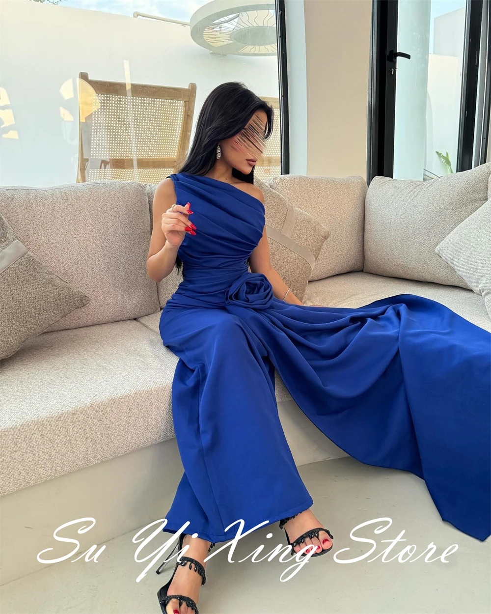 Customized  Delicate Flowers Long Ribbons Evening Dress Sexy One Shoulder Back Slit Party Dress Classic Zipper Back Pro