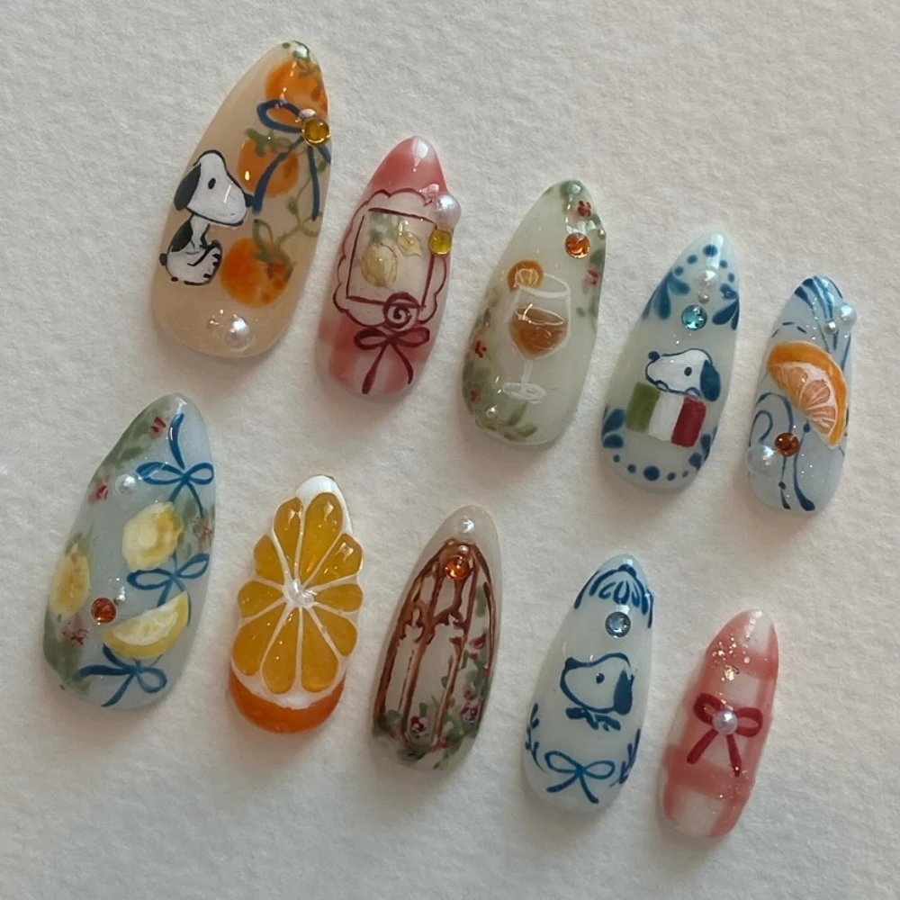 10 Stuks Pers Op Nagels Schattige Stijl Handgemaakte Hot Ins Y 2K 3d Medium Amandel Nep Nagels Herbruikbaar Volledige Dekking Kunst Diy Nagels