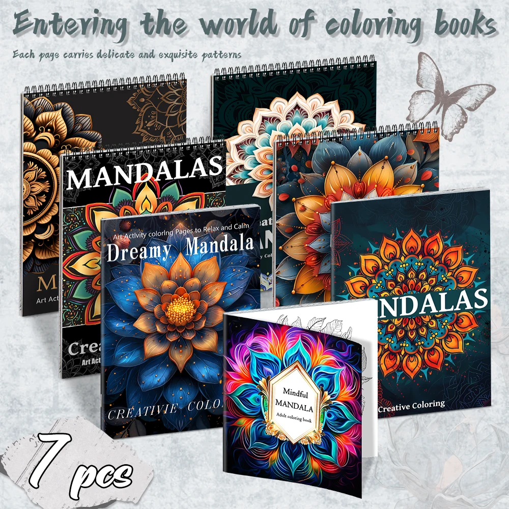 Upgraded and thickened 7-book set with mandala theme, double-layer thickened spiral circle design, a good choice for gifts