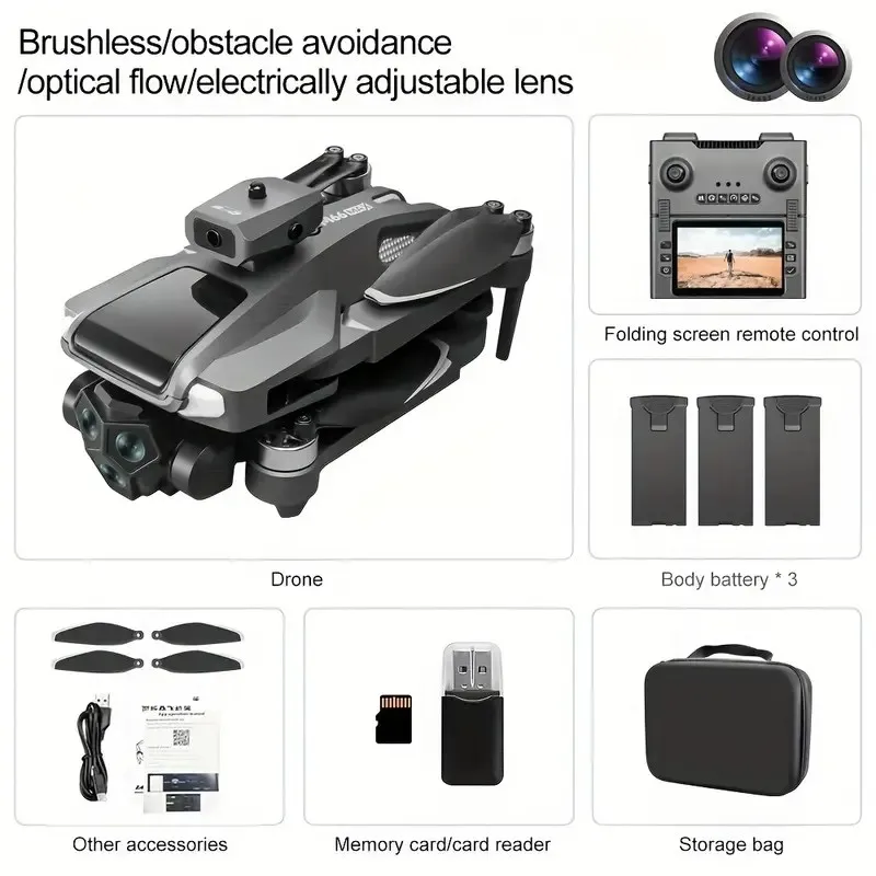 طائرة بدون طيار M66 ثلاثية البطارية بدون فرش مع جهاز تحكم عن بعد للشاشة - التحكم بالإيماءات، التصوير الفوتوغرافي للتكبير، تجنب العوائق الذكية