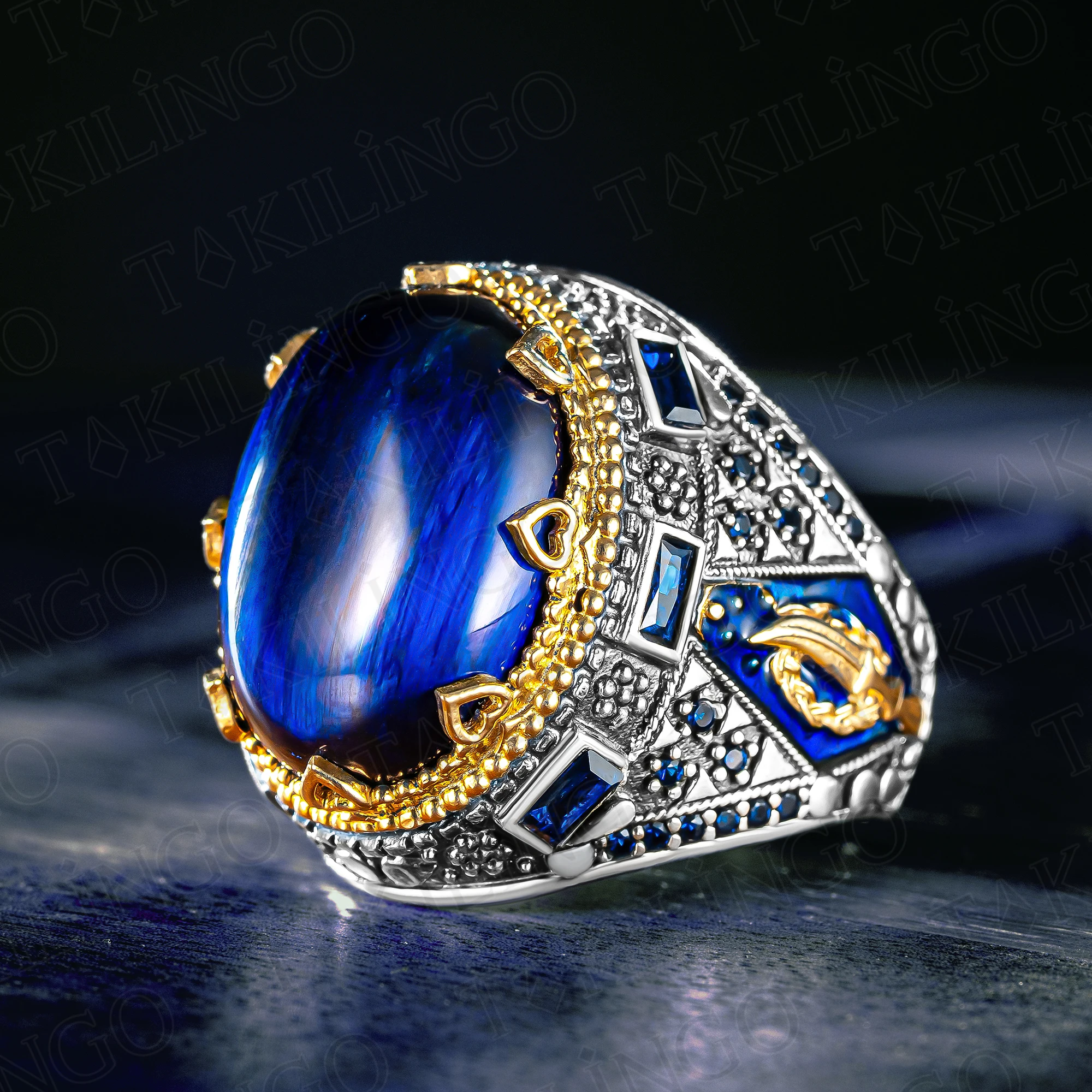 Solid 925 Sterling Silver Blue Tiger's Eye Stone Men's Ring, Cubic Zircon Handmade Signet Ring