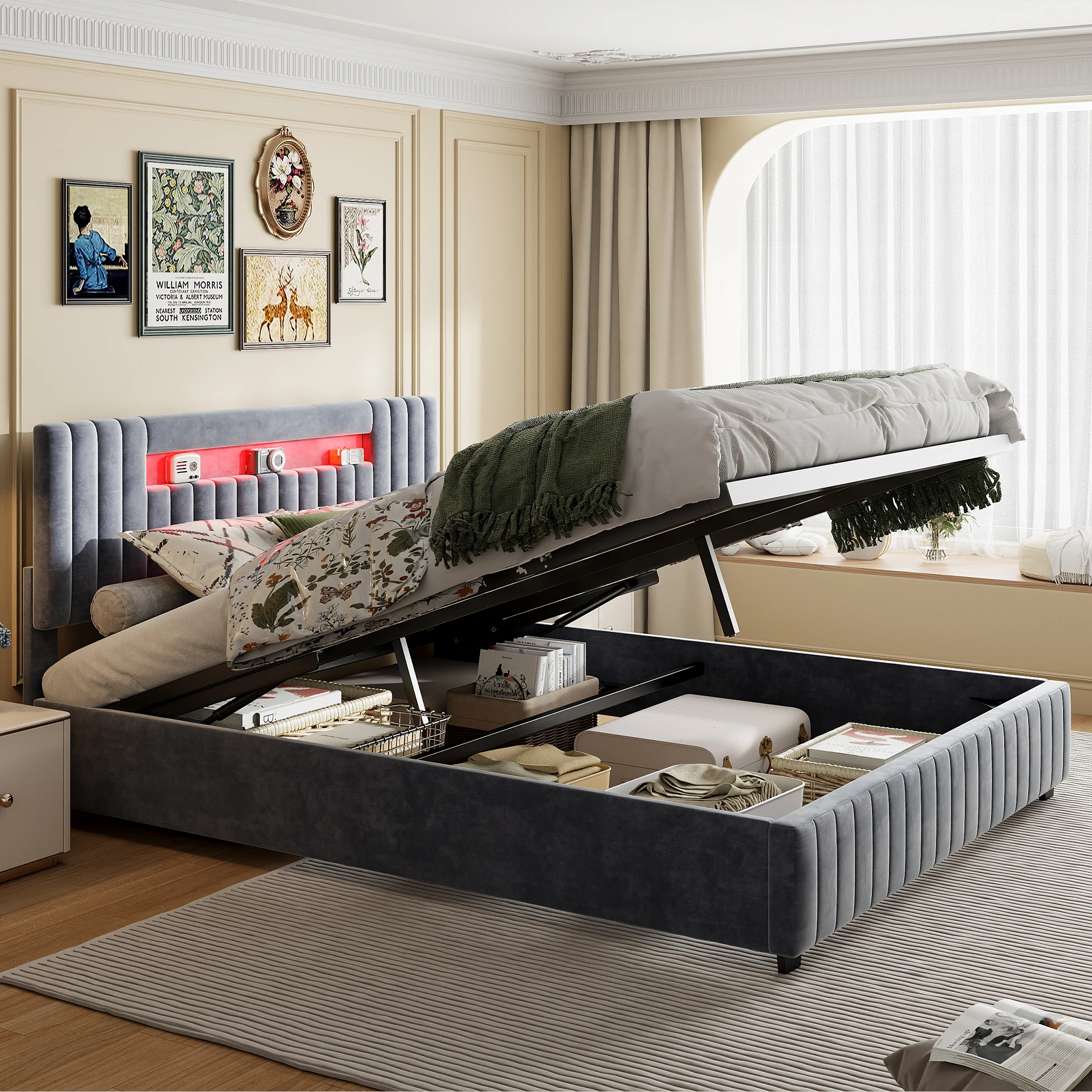 Anajqaqia Letto matrimoniale 160 x 200 cm, letto imbottito con contenitore idraulico e testiera imbottita, letto in morbido velluto grigio