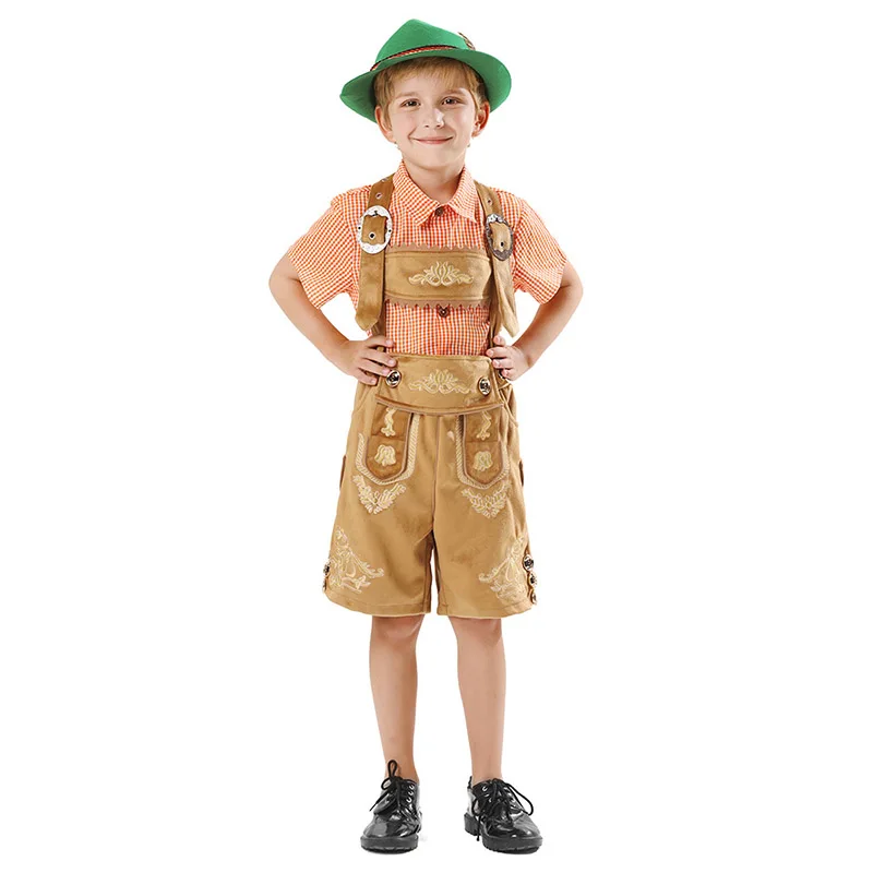 

Детский костюм Октоберфеста для мальчиков, немецкий пивной наряд, комплект из 2 предметов, коричневая клетчатая рубашка Lederhosen, баварский карнавальный костюм для мальчиков в Мюнхен