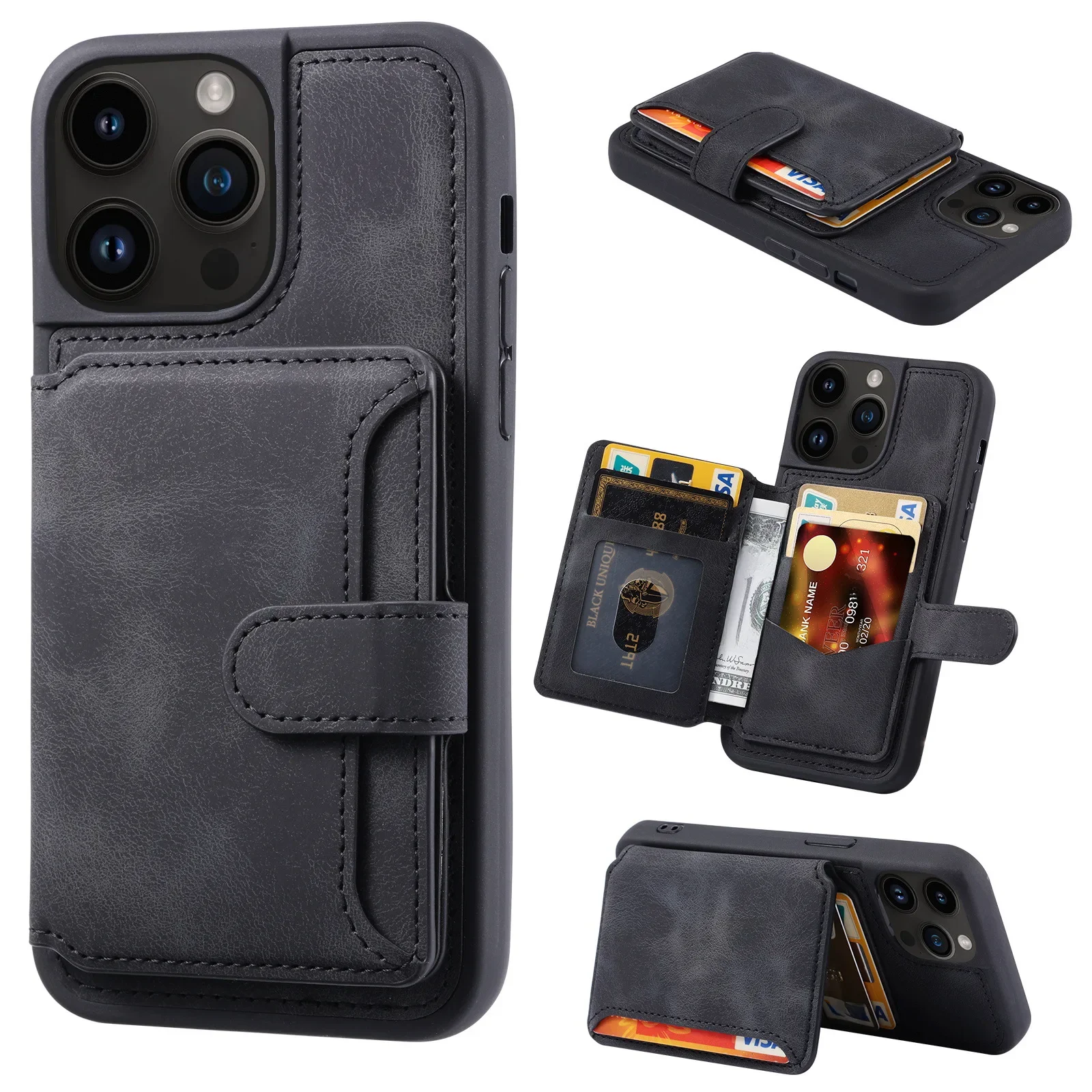 Luksusowe skórzane etui na telefon z kieszenią na karty do iPhone 18 Pro Max 13 11 12 14 15 16 17 Pro Max 15 Plus, portfel, odporne na wstrząsy etui na tył. — zdjęcie produktu 7