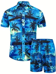 Men's Hawaiian Short Sleeve Shirt and Shorts 2 Piece Set Fashion Button Down Short Sleeve Shirt Summer Beach Vacation Wear