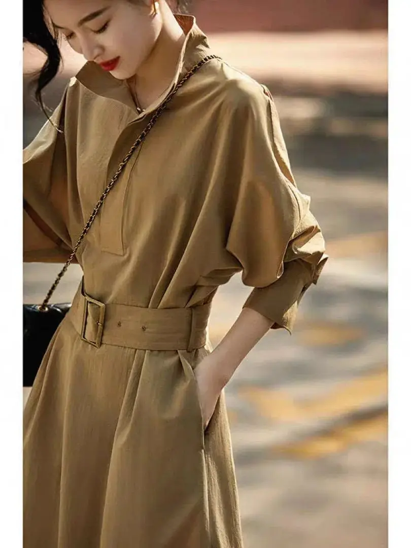 เดรสผ้าลินินผสมคอตตอนทรงเทรนช์คลาสสิก ดีไซน์หรูหรา พร้อมเข็มขัด