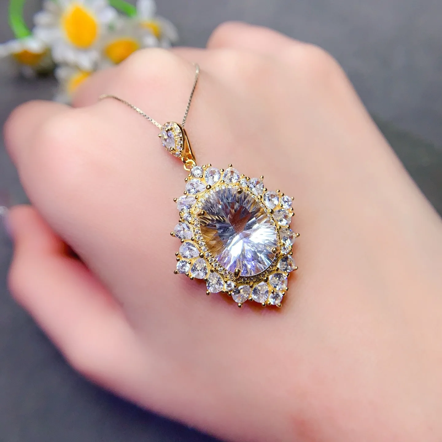 KJJEAXCMY Girl 12x16xmm Natural White Crystal Large Gemstone Pendant 925 Pure Silver Electroplated Gold Clearance Sale Gift