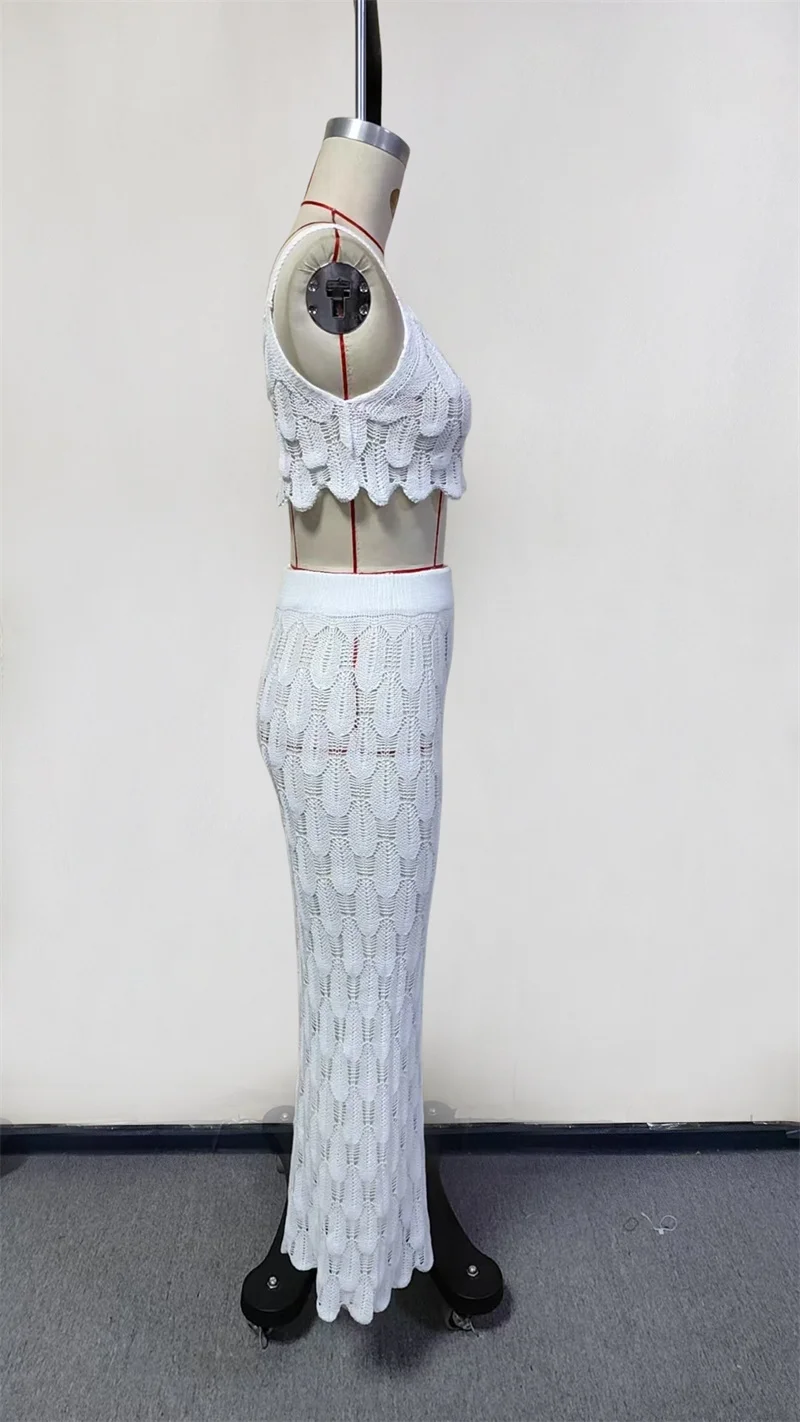 2 pezzi vestito dalla fasciatura bikini da spiaggia copricostume cinturino sexy top corto e gonna a vita alta avvolgente inferiore costumi da bagno velati all'uncinetto da donna