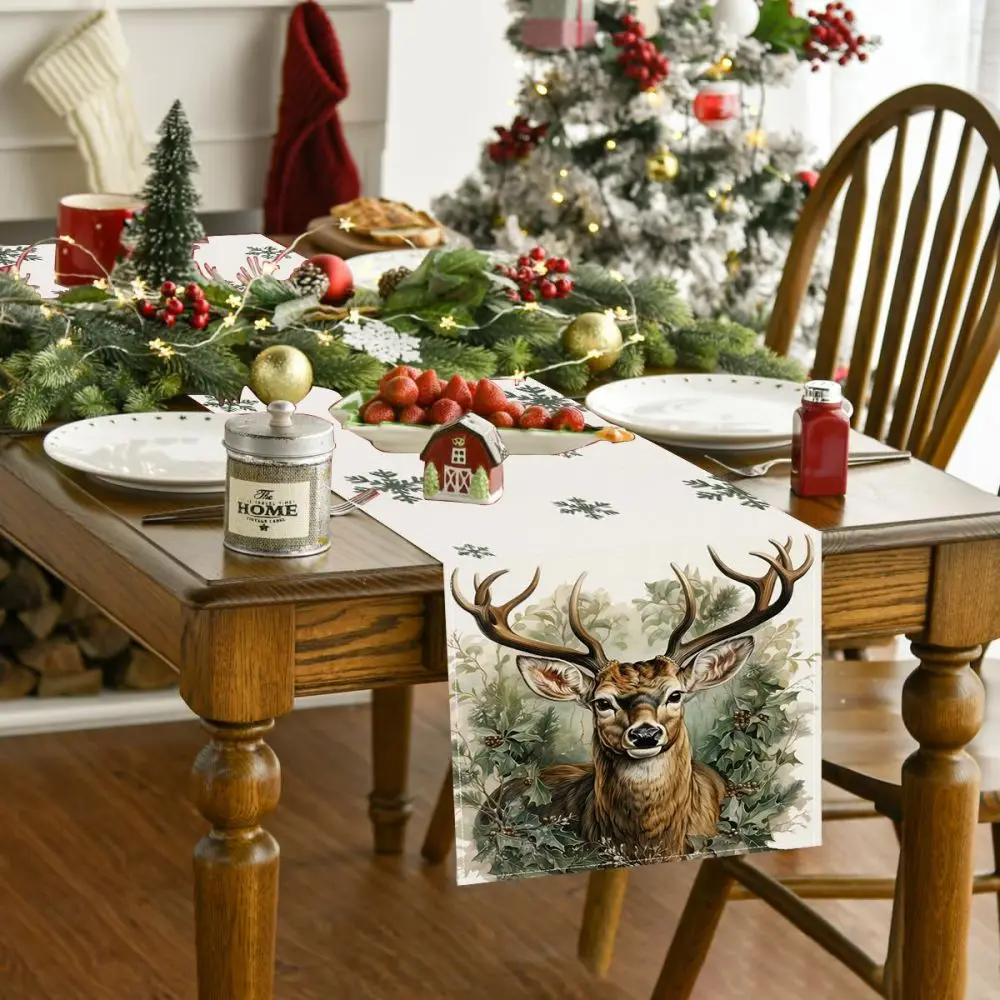 Reindeer Elk Table Runner Christmas Snowflake Polyester Tablecloth Kitchen Counter Dining Room Mat Party Holiday Decorations