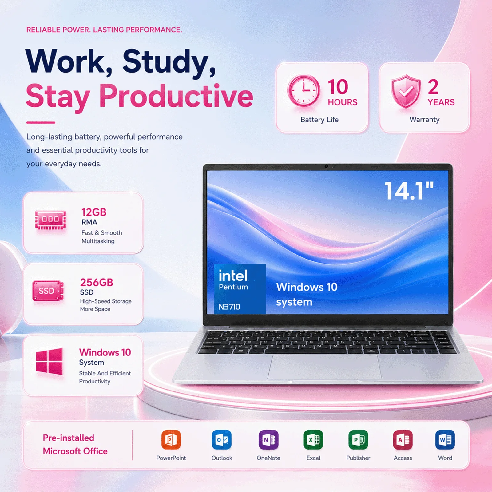 Ultra Slim Brand New PC 14.1'' Laptop Computer N3710 Quad Core 12GB RAM 256GB SSD Windows 10 Pro Notebook PC FHD 1080P Display Ultra Thin Portable Laptop WiFi Bluetooth 5.2 Webcam Computer for Student Business Office Home Use Lightweight Laptop PC