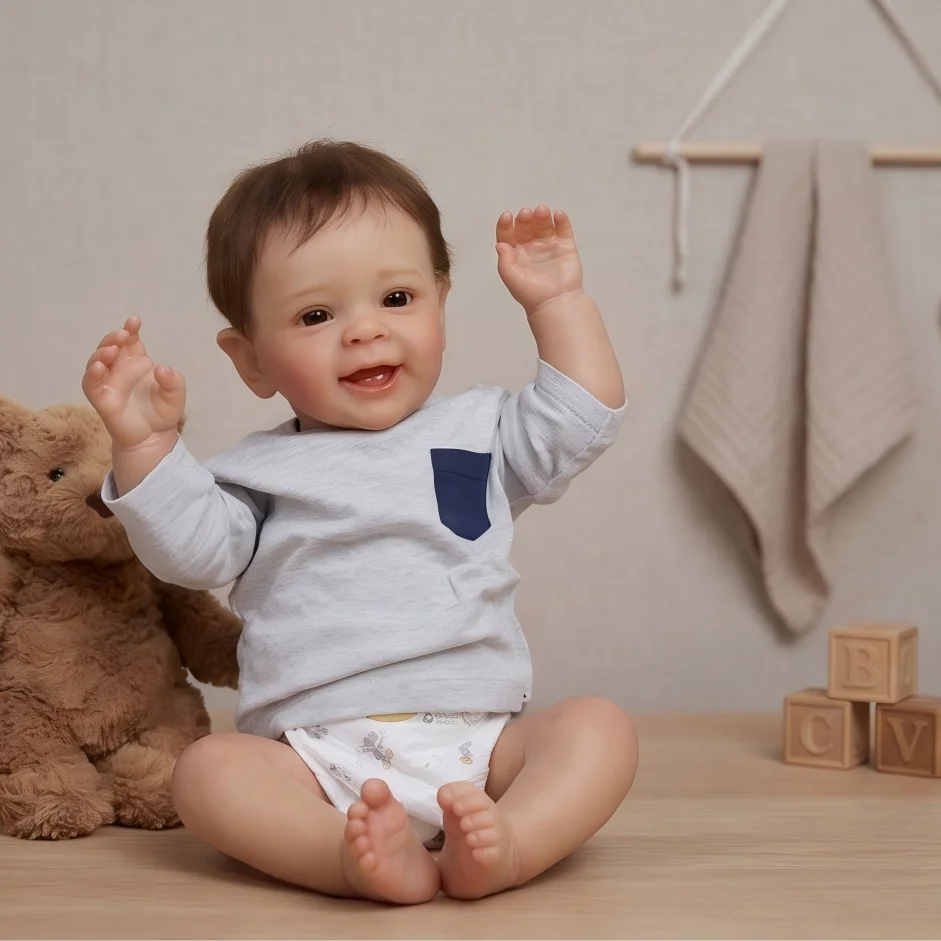 

22 Inch 55 CM Realistic Regenerated Doll, Cute Smiling Boy Doll, Handmade Vinyl, High-End Painted Gift Set Newborn Birthday Christmas Gift Toy