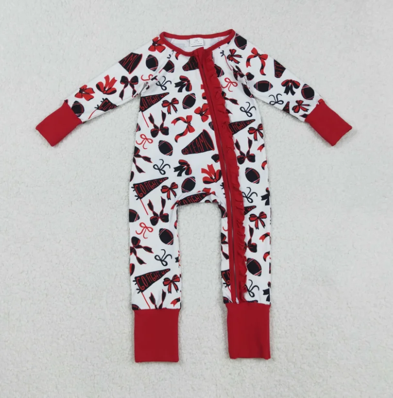 

LR2512 Newborn Girl Go Team Cheer Bows Red Print Ruffle Jumpsuits Clothes Baby Girls Fall Zipper Sleeper Romper