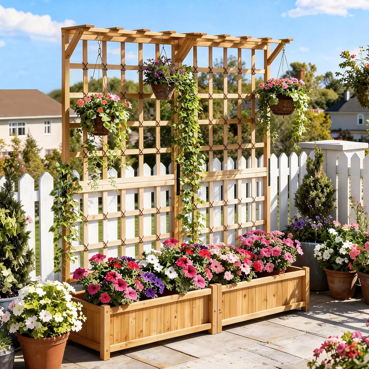 72 Inch Raised Garden Bed With Trellis Wood Planter Container With Hanging Roof And Garden Boxes For Climbing Plants Flowers Vine 2 Piece