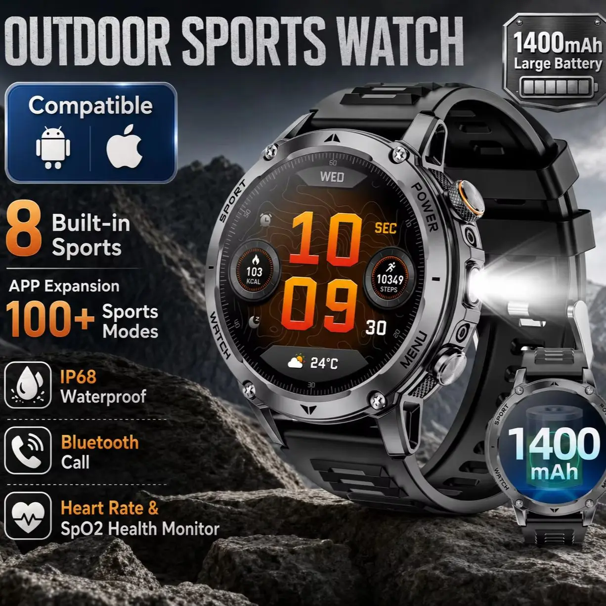 Montre connectée militaire 1400mAh, écran tactile HD 1,7 pouces 360*360, puce AB5691, appel Bluetooth, montre fitness étanche IP68, moniteur cardiaque HX3918, 100+ modes sportifs Android iOS