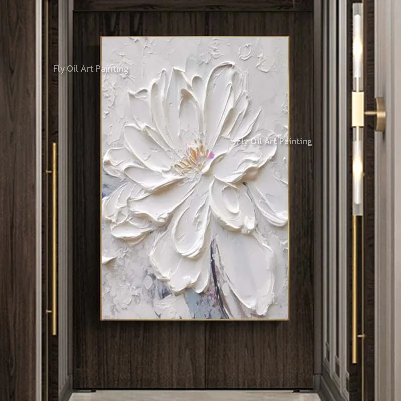 

Large White Flower Textured Oil Painting Floral Impasto Knife Thick Canvas Painting Hand Painted Heavy Textured Floral Wall Art