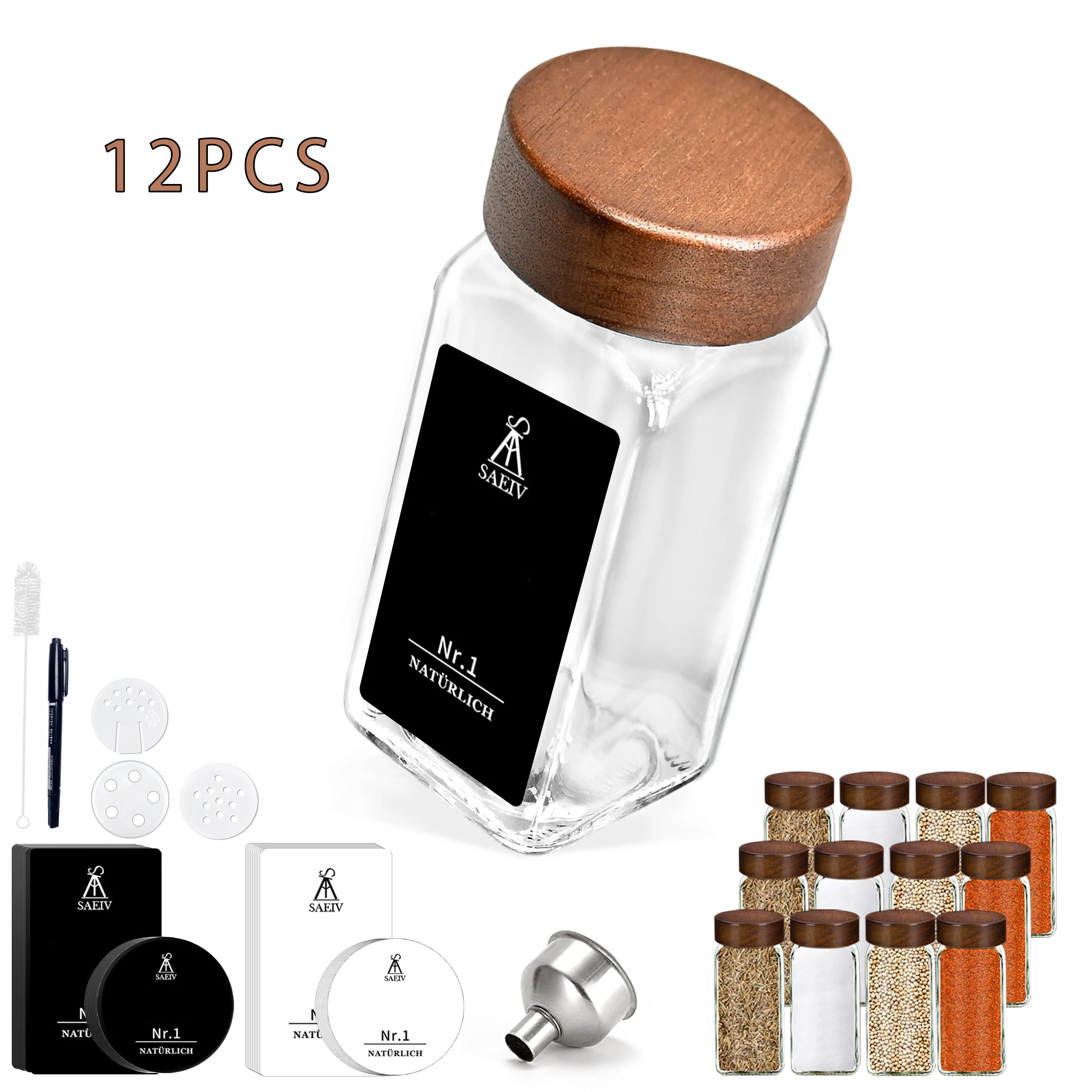 SAEIV Set mit 12/24 Gewürzgläsern mit Rosenholzdeckeln, 120 ml quadratische Gewürzgläser aus Glas mit Gewürzetiketten, Aufbewahrung für Gewürze in der Küche – Detail 2