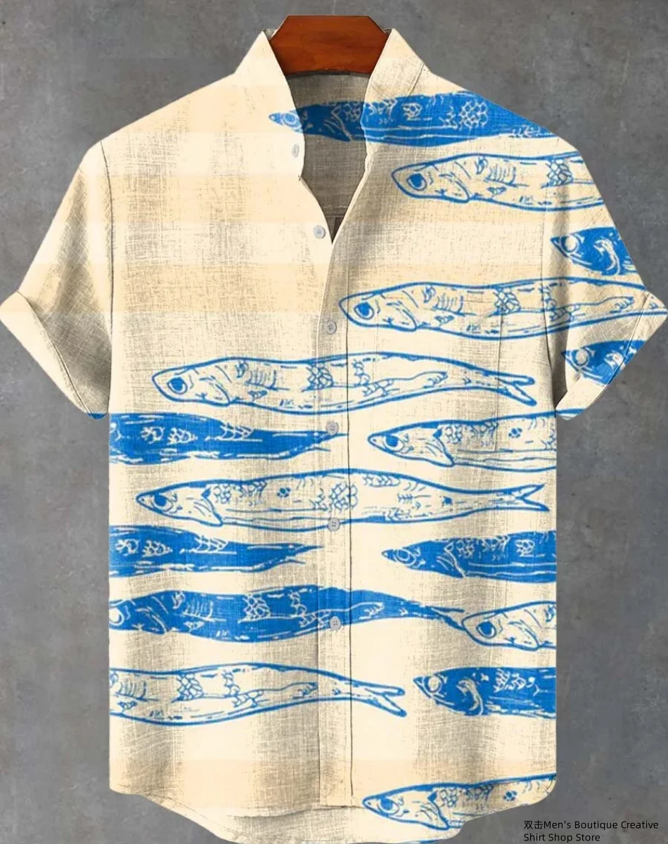새로운 리넨 남성 3D 물고기 패턴 하와이 셔츠 캐주얼 반소매 탑 느슨한 의류 패션 빈티지 여름 셔츠 빠른 배송