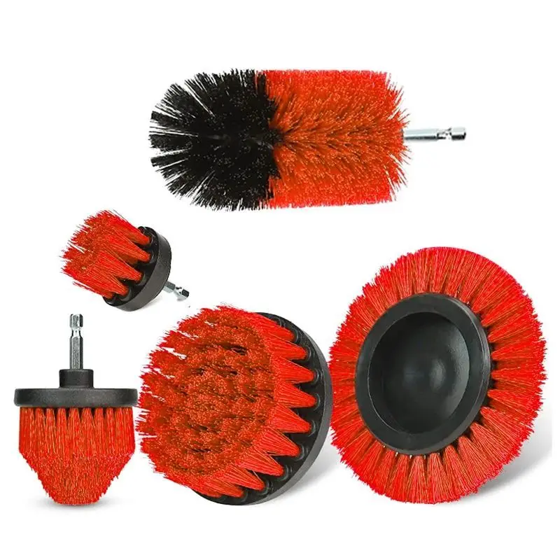 5pcs Red Drill Brush Electric Brush Set Kit Car Soft Brush Drill Kit Bathroom Kitchen Car Care Cleaning Tools