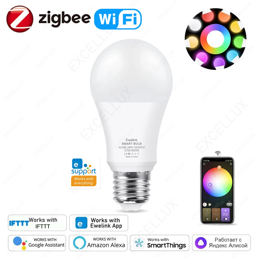 Smart WiFi Zigbee LED Light Bulbs 15W 18W Dimmable E27 RGB+WW+CW Lamp For EWelink APP Alexa Google Home Smartthings Yandex Alice