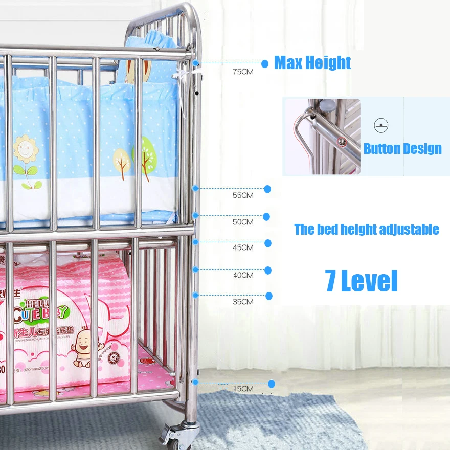 Stainless Steel Newborn Baby Crib With Palm Mattress, Can Extend Or Height Adjust Accompany Bed, Multifunctional Rocking Cradle