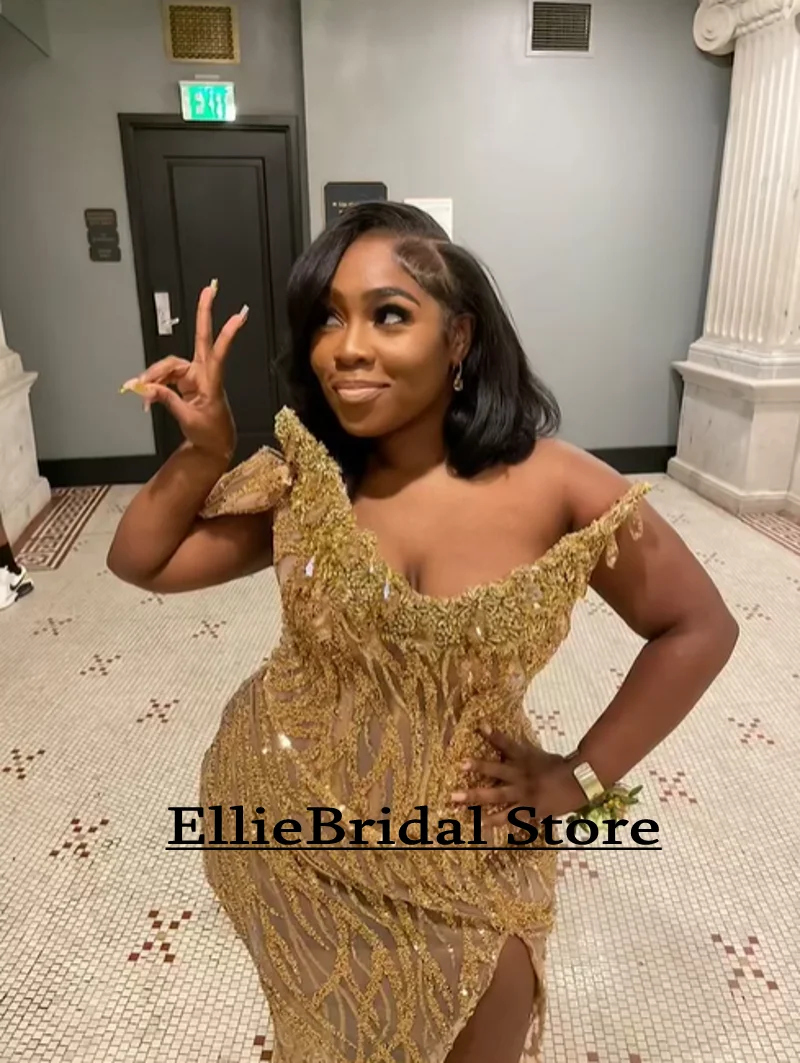 African Gold Sequin Prom Dresses 2025 Crystal Beading Plus Size Mermaid Evening Gowns See Through Party Dress Long Customized