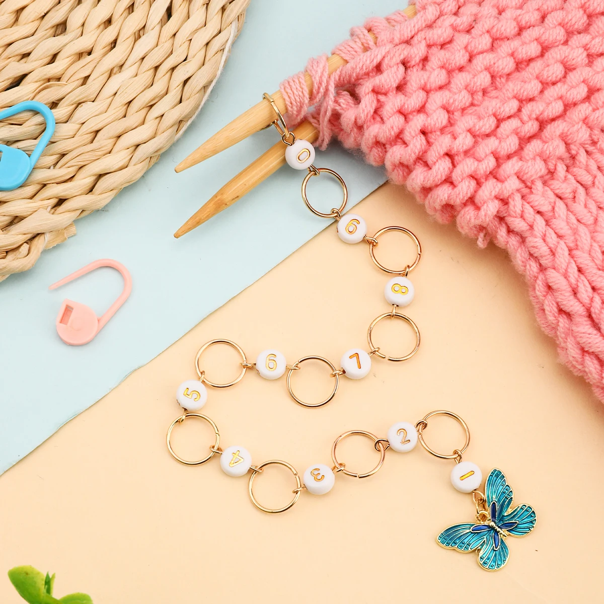 

Sweater knitting stitch markers with numbers 1-9, hand-knitted wool DIY counting tags, oil-dropped numeric beaded chains