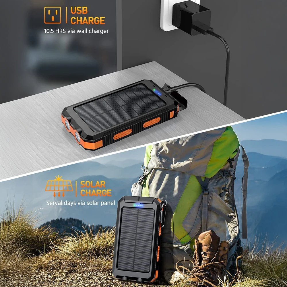 20000mAh المحمولة بنك الطاقة الشمسية التخييم شاحن بطارية خارجي للهواتف المحمولة 2 USB/ مصابيح كاشفة بلمبات LED شاحن