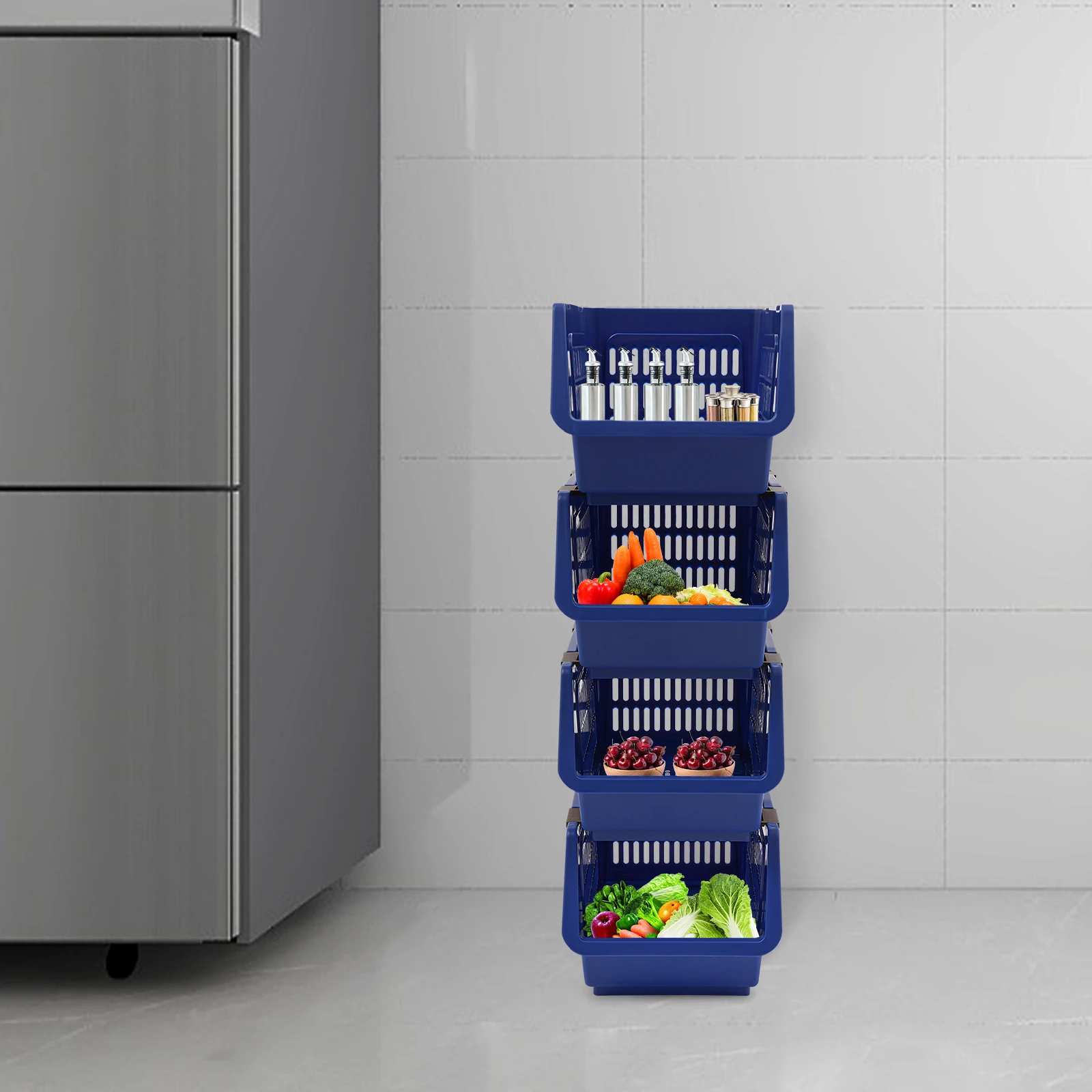 

Набор из 4 синих штабелируемых корзин для хранения с колесами, прочные контейнеры-органайзеры емкостью 38,5 фунтов, многофункциональный пластиковый контейнер для хранения