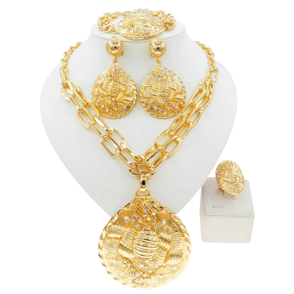 Newest Italian Golden Jewelry Set Woman Large Pendant Necklace Banquet Wedding Party Accessories Big Pendant Earrings