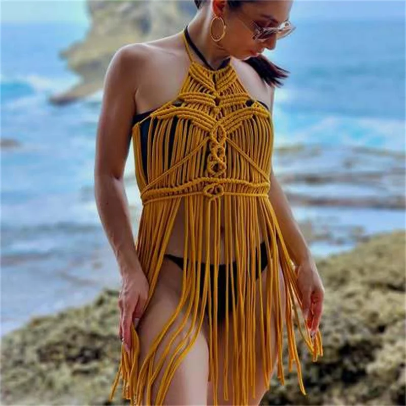 Women's Tassel Crochet Bikini Cover Up, Sexy Sleeveless Backless Fringe Boho Beach Mini Dress, Handmade Knit Swimsuit Sarong